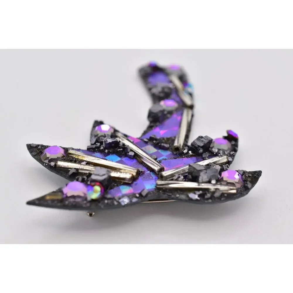 Vintage Designer Signed Palm Tree Brooch Purple Mosaic Galena Crystal Pin BinBI